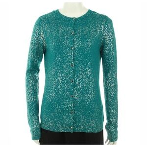 Calvin Klein Foil Button Front Cardigan Sweater Top Teal/Silver S Nwt $89